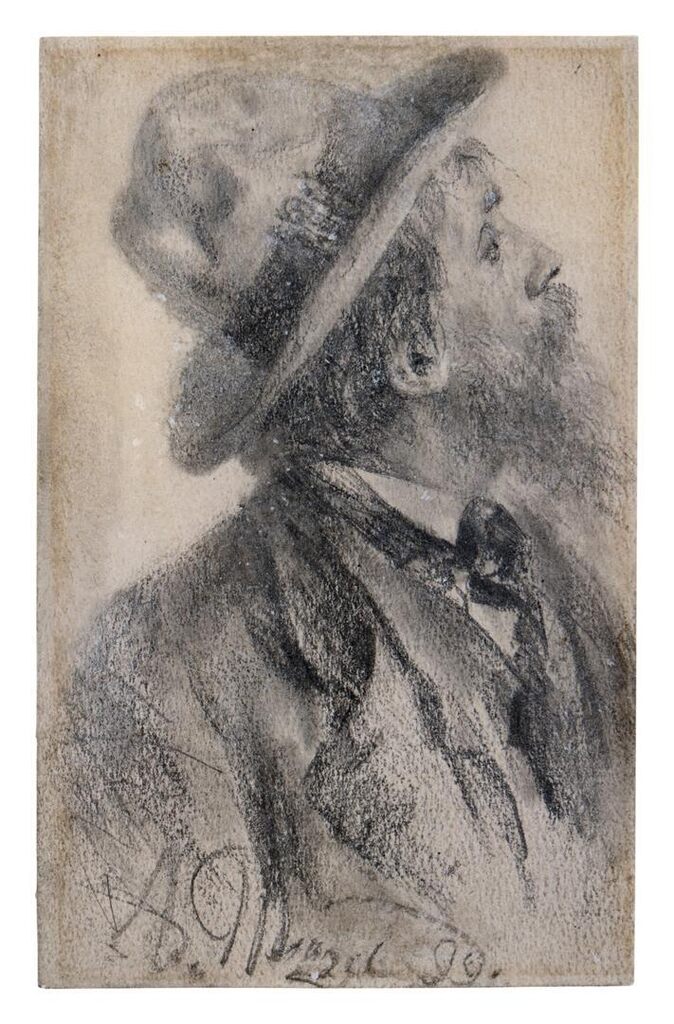 Study of a bearded man wearing a hat, looking up