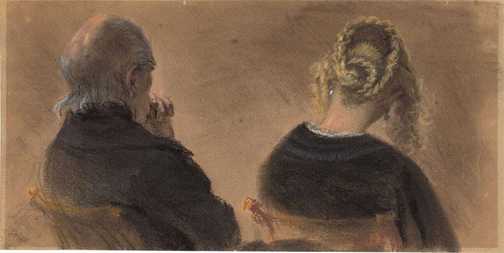 Older man and young woman seated, seen from behind in half-length portrait