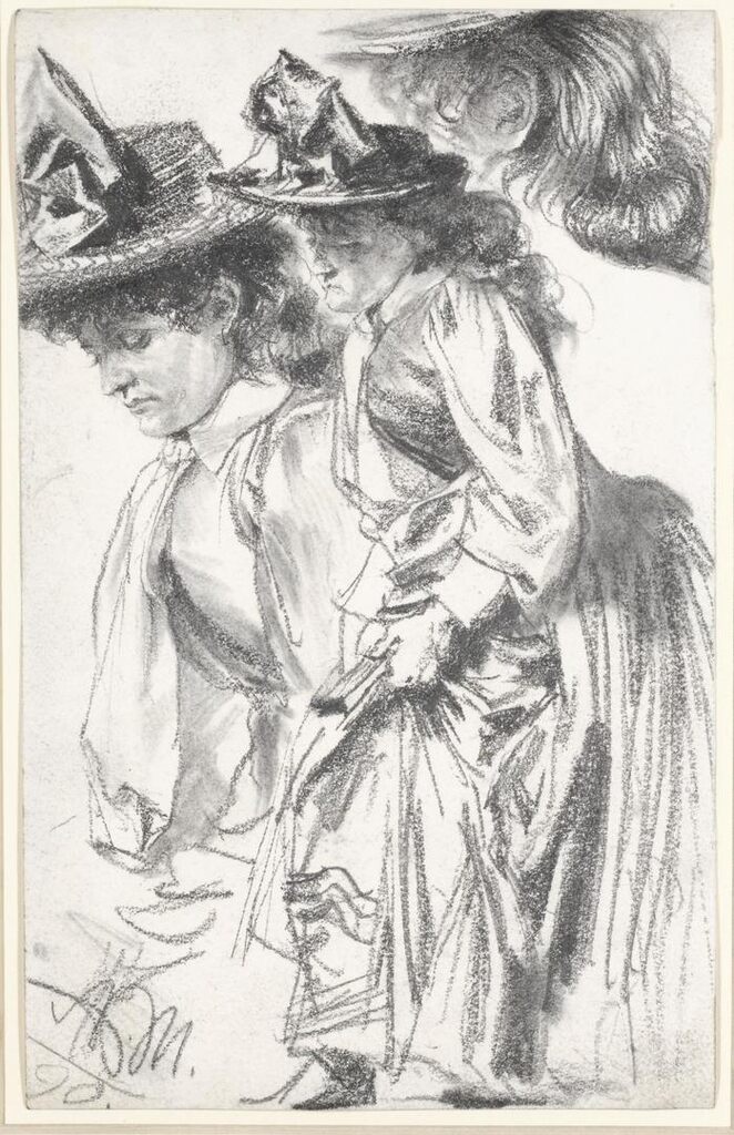 Studies of a standing woman, wearing a hat and leaning forward