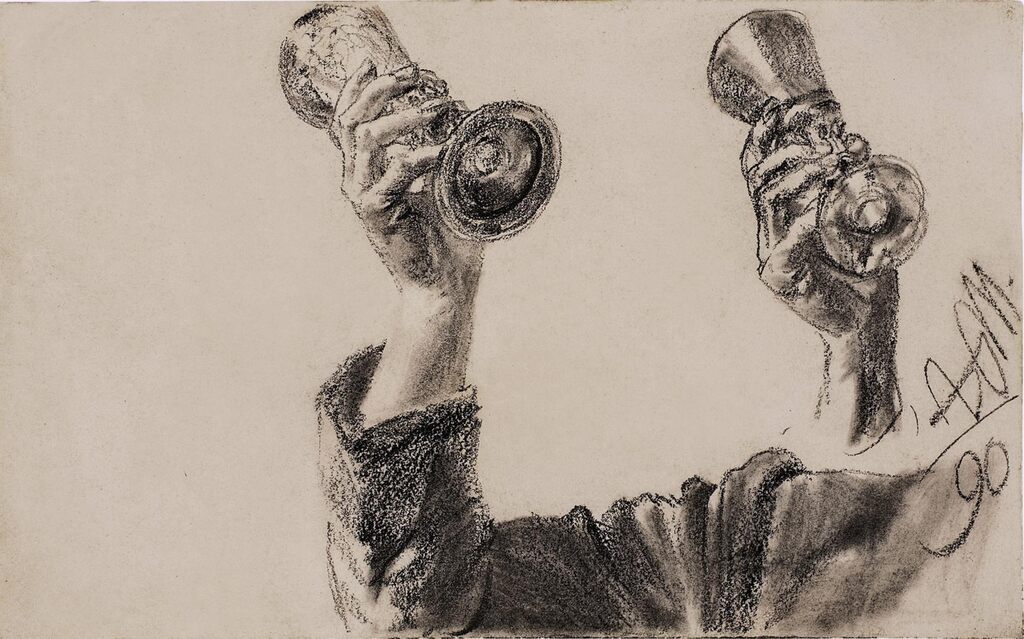Two Studies of a Right Arm and Hand Holding a Glass
