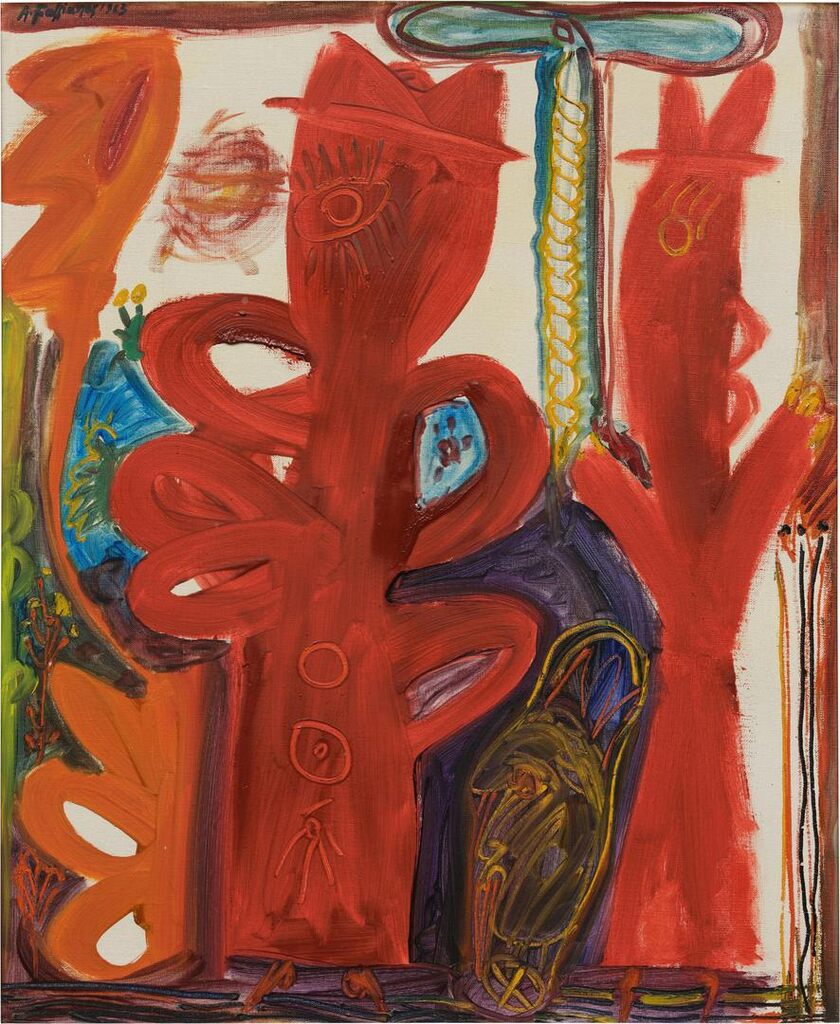 Red Figures in a Garden