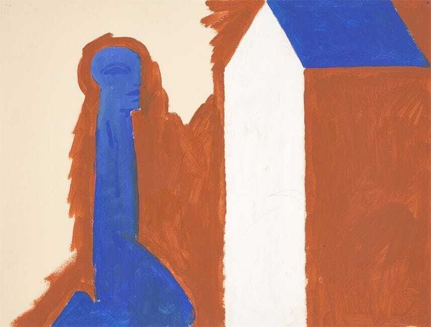 Blue, kneeling figure, house with white gable