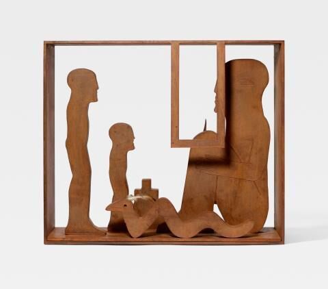Interieur mit 3 Figuren, Schlange, Tableta und Sperma