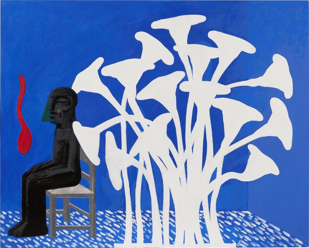 Sitzende schwarze männliche Figur in weißen Blumen (Seated black male figure in white flowers)