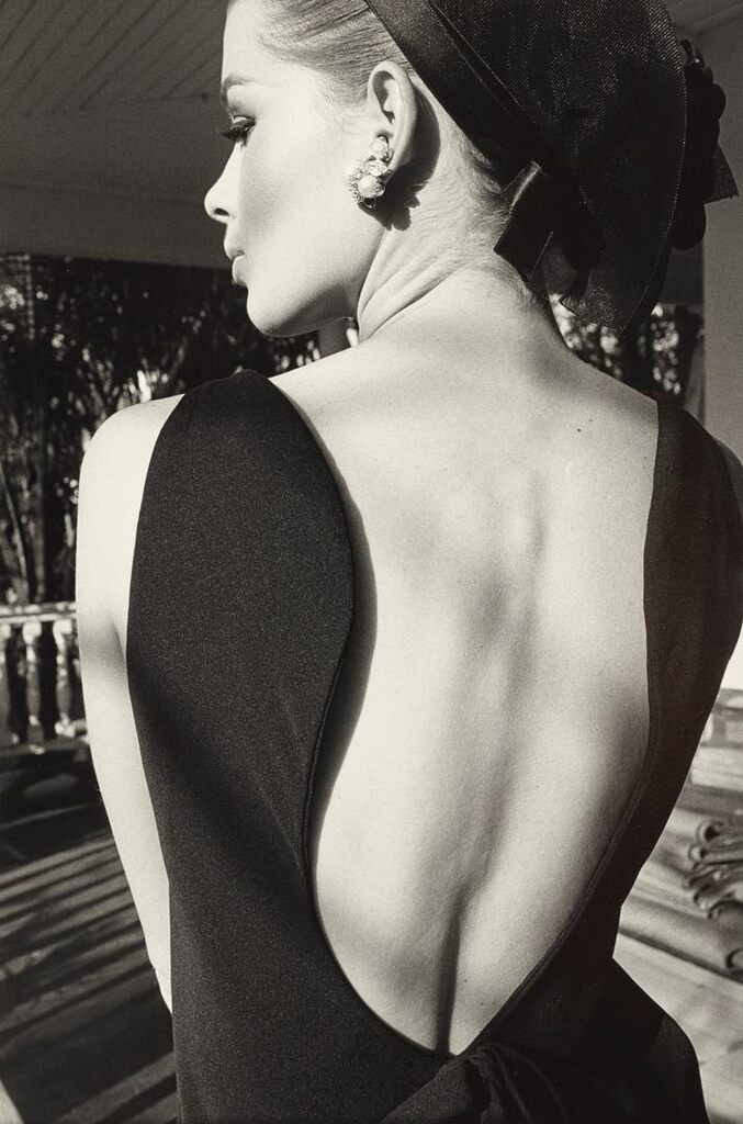 Astrid Heeren in a Bill Blass dress for Harper's Bazaar, Palm Beach