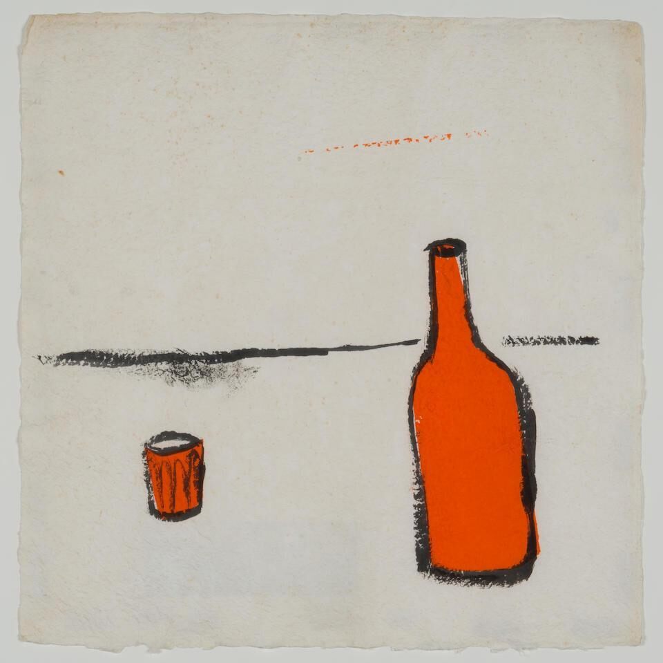 Man with yellow head, holding a bottle & Long stroke