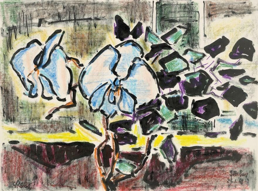 ”Vase mit Zweigen vor Fenster II”