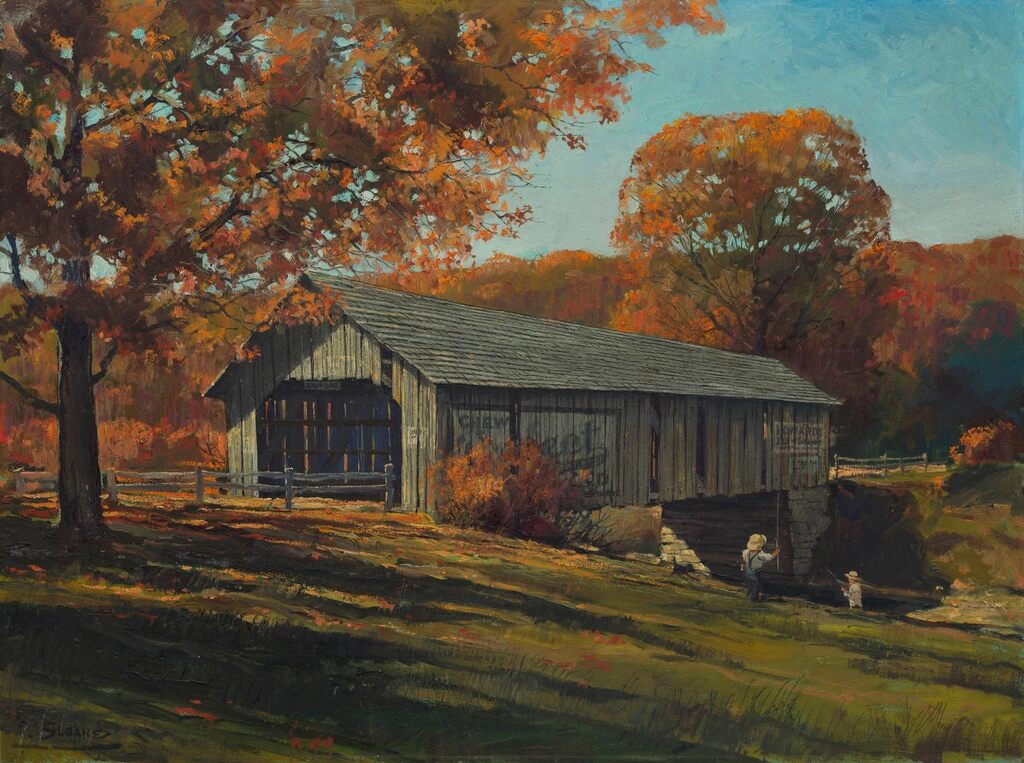 Covered Bridge with Figures