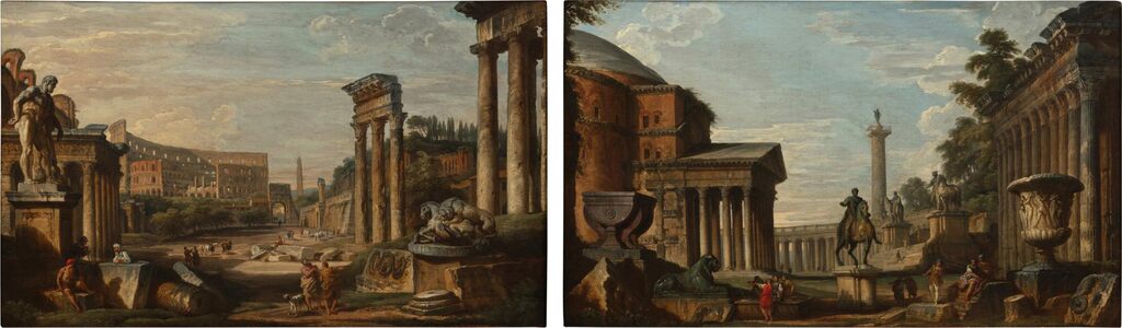 (I) An architectural Capriccio with the Roman Forum and the Coliseum; (II) An architectural Capriccio with the Pantheon