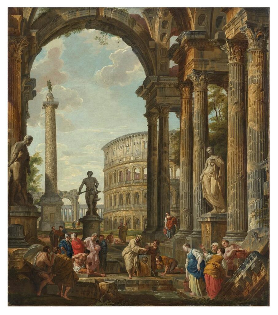 A classical capriccio with the Colosseum, Trajan's column and the Farnese Hercules, with the Philosopher Diogenes and other figures in the foreground