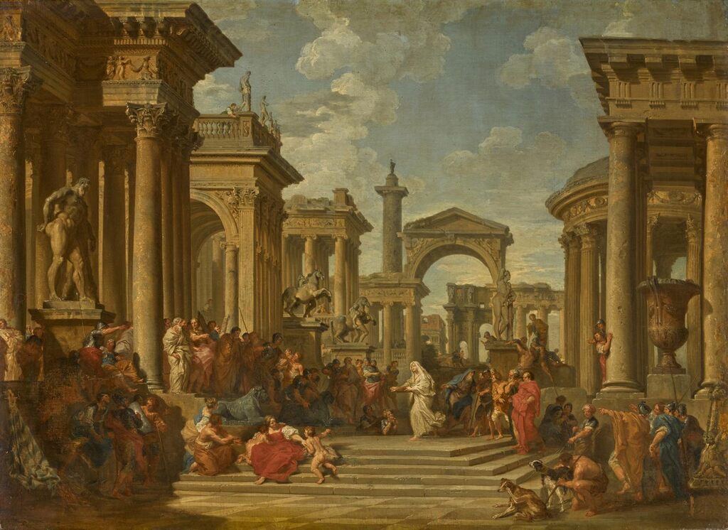 A capriccio of the Roman forum with Tuccia, the Vestal Virgin