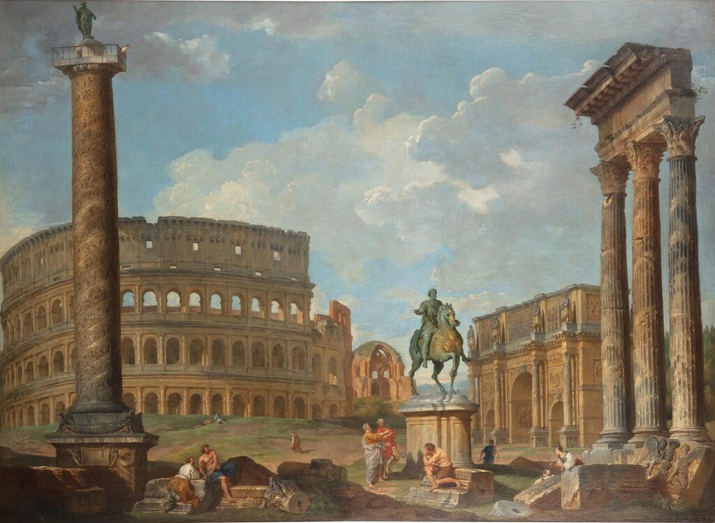 Rome, a capriccio view of the Colosseum, Trajan's Column, the statue of Marcus Aurelius, and the Arch of Constantine
