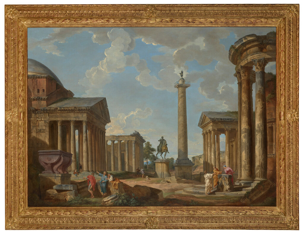 A capriccio of Roman ruins with the Pantheon, the Temple of Antoninus and Faustina, the statue of Marcus Aurelius, Trajan's Column, the Temple of Fortuna Virilis and the Temple of Vesta in Tivoli