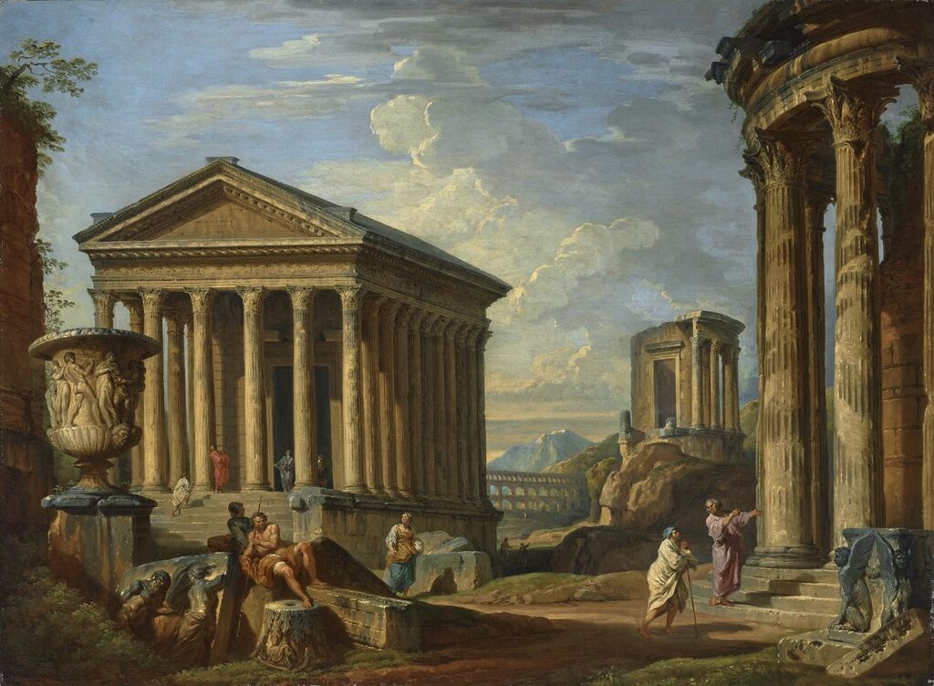 A capriccio of classical ruins with the Maison Carrée at Nîmes, the Temple of the Sybil at Tivoli, the Pont du Gard near Nîmes and the Borghese vase