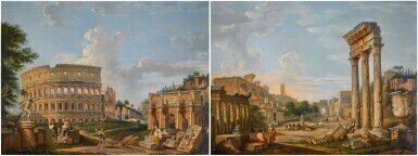 A view of the Colosseum and the arch of Constantine, with the Pyramid of Gaius Cestius in the distance; and A view of the Roman Forum with the Borghese Vase