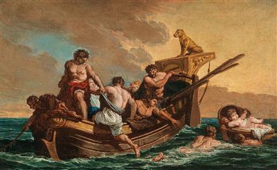Mariners rescuing a young boy adrift at sea in a basket