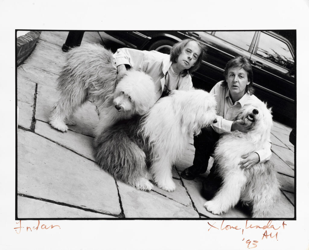 Linda McCartney (American, 1942-1998): Iain Macmillan and Paul McCartney with sheepdogs,