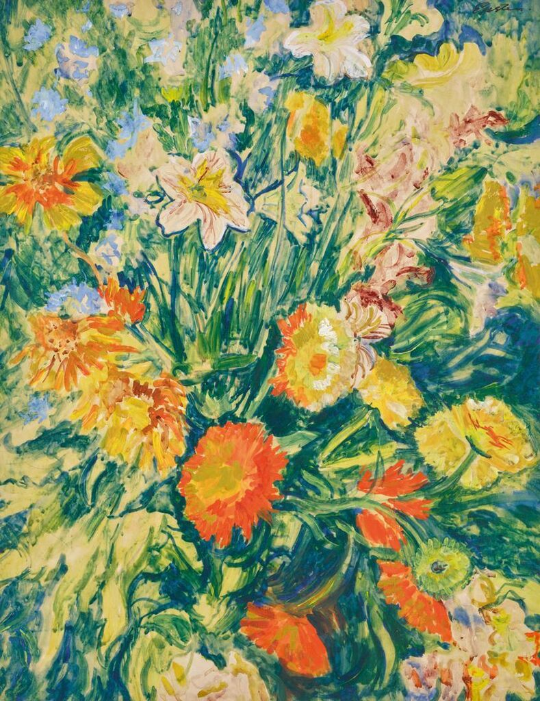 Salpiglossis, Marigold and Delphinium
