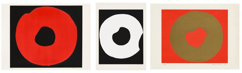 Red circle on the Black; White circle on the Black; & Gold Circle on the Red