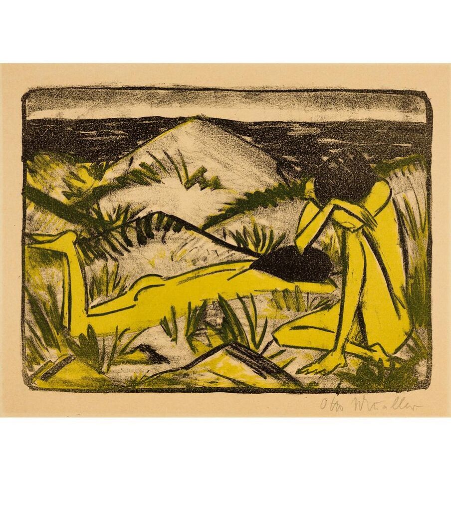Ein in Dünen sitzendes und ein liegendes Mädchen (Zwei Mädchen in den Dünen, Sylt)