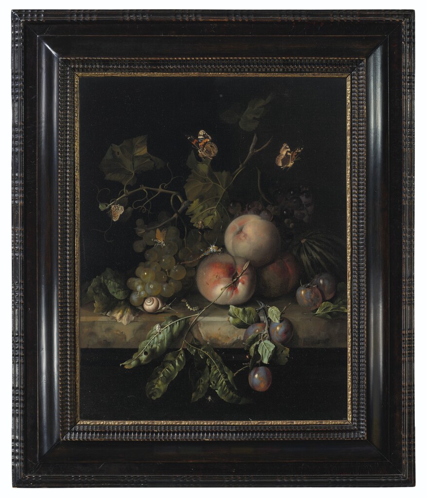 Peaches, grapes and plums with a dragonfly, snail, caterpillar, butterfly and other insects on a stone ledge