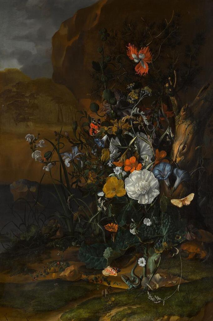 Still life of flowers, with butterflies, insects, a lizard and toads, beside a pool