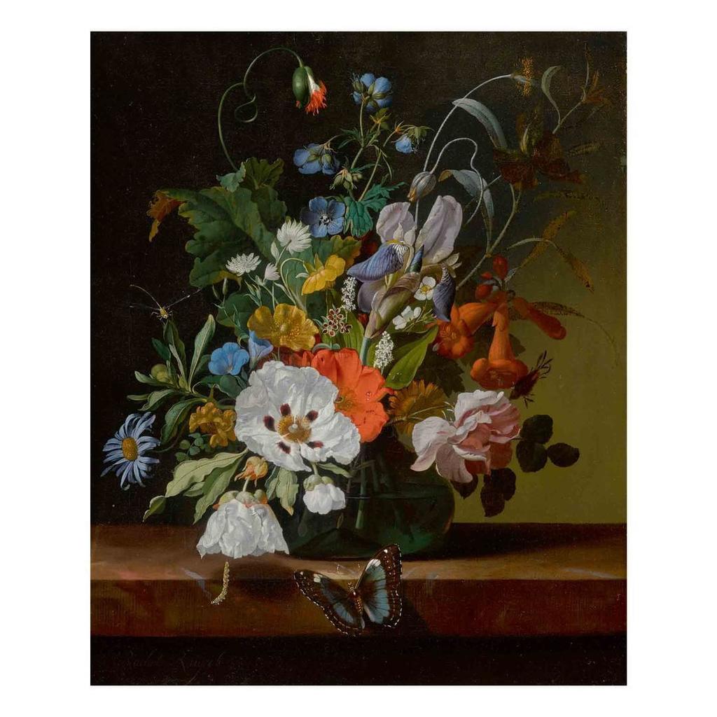 Still life with flowers in a vase on a ledge with a dragonfly, caterpillar, and butterfly