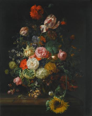 Still Life Of Roses, Tulips, a Sunflower And Other Flowers In a Glass Vase With a Bee, Butterfly And Other Insects Upon a Marble Ledge