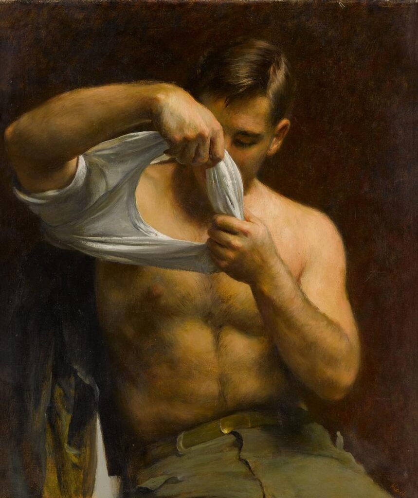 Man Putting on His Shirt