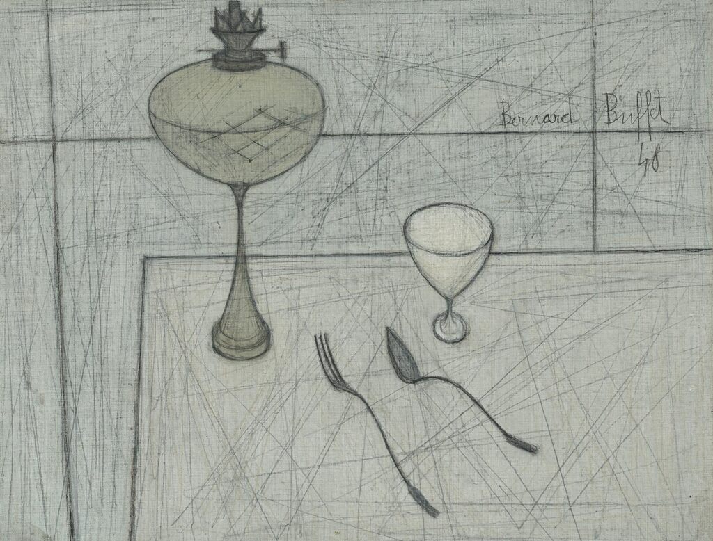 Nature morte à la lampe à pétrole, coquetier, fourchette et cuillère