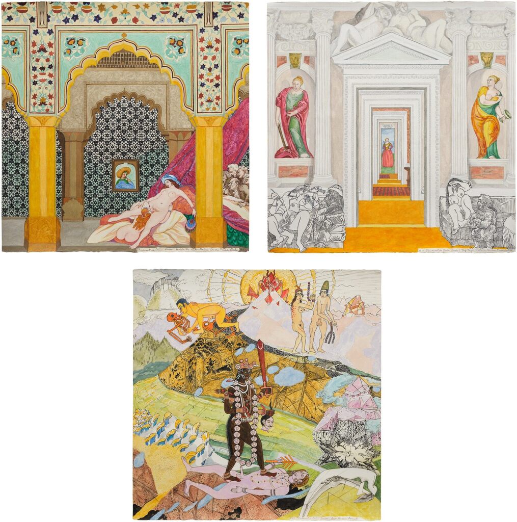 #7 Inside the Amber Palace (or the Pasha Peeks); #15 Big Boys: Palladio, Veronese, Picasso et. al.; and #27 Last Laconic Lament, from the Patterns of Desire: Pornament is Crime series