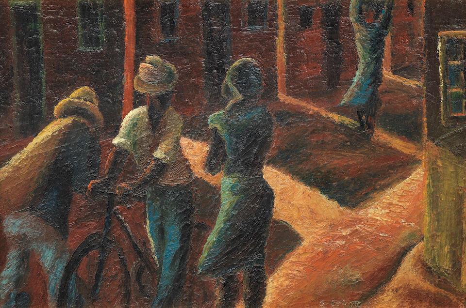 Three figures with bicycle. Sophiatown