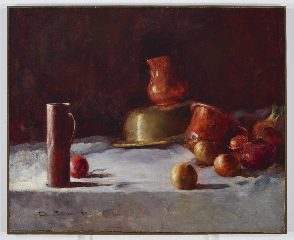 Still life with copper, brass and onions