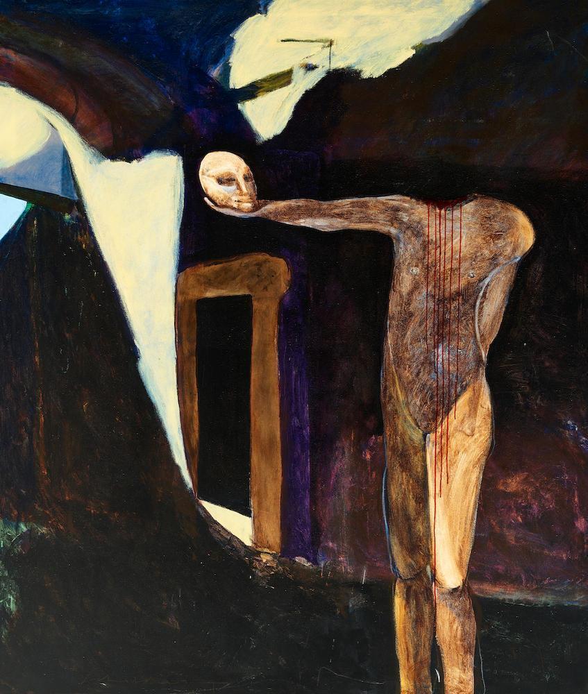 Standing nude figure holding severed head