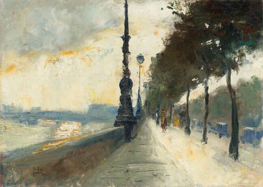”Waterloo-Bridge bei durchbrechender Sonne (Victoria Embankment), London”