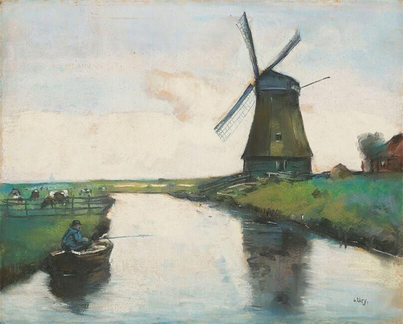 ”Holländischer Kanal mit Windmühle und Angler”