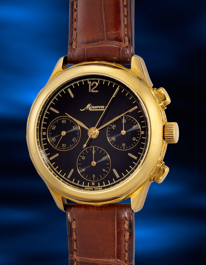 An attractive and well-preserved limited edition yellow gold chronograph wristwatch with engraved case, black dial, guarantee and presentation box, numbered 20 of a limited edition of 80 pieces
