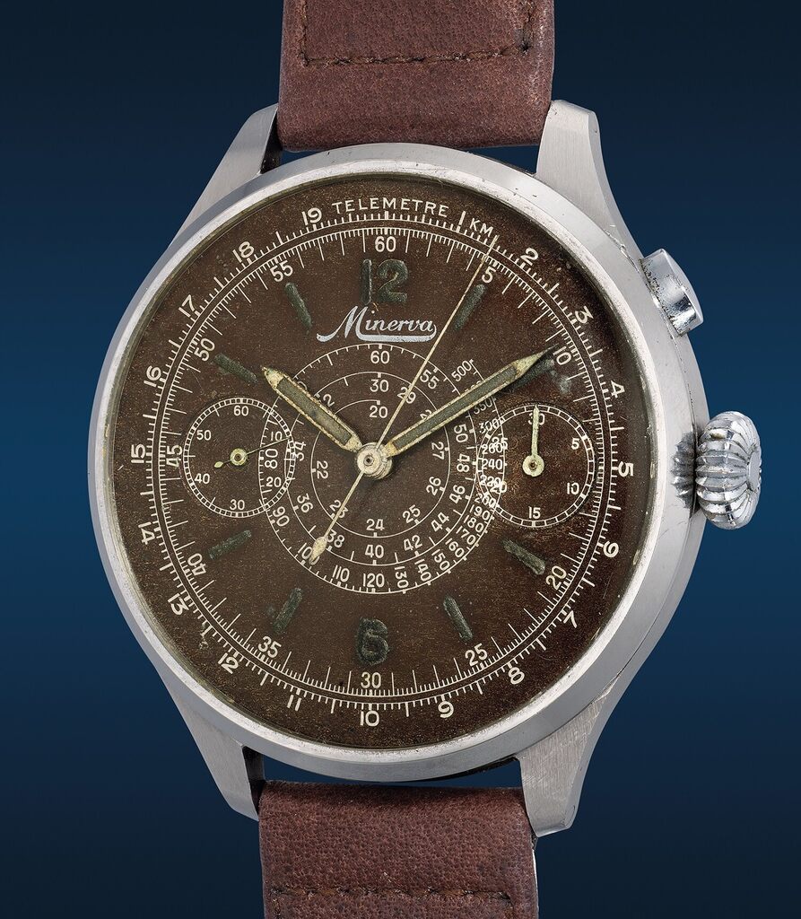 An early, oversized and highly attractive stainless steel pilot's monopusher chronograph wristwatch with tropical dial