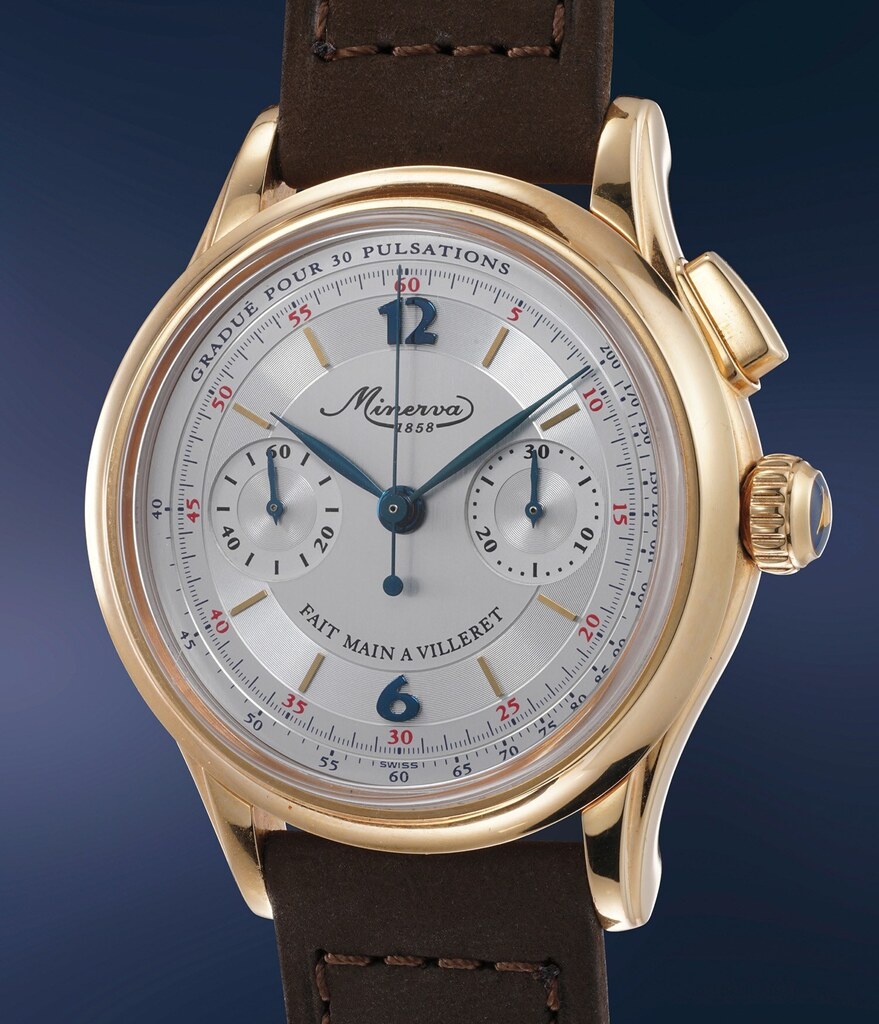 A well crafted pink gold single button chronograph wristwatch with pulsation scale