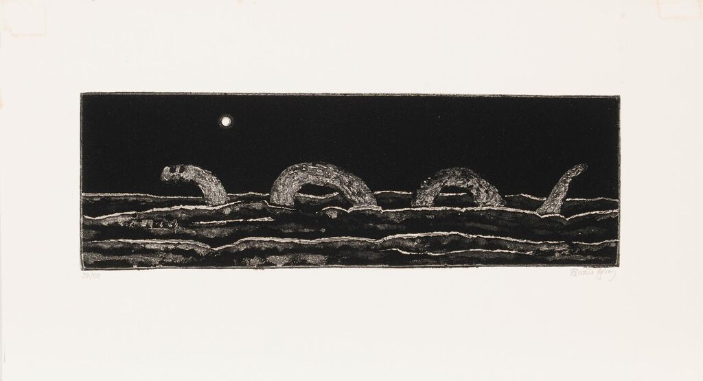 Black Skull/Elephants Mirage in Gray Mist; Framed & Belted Talisman; Loch Ness Resident; Untitled (4)