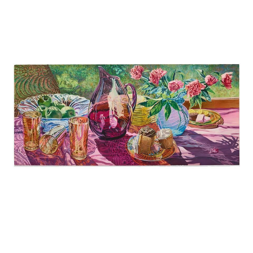 Purple Pitcher, Cakes and Peonies