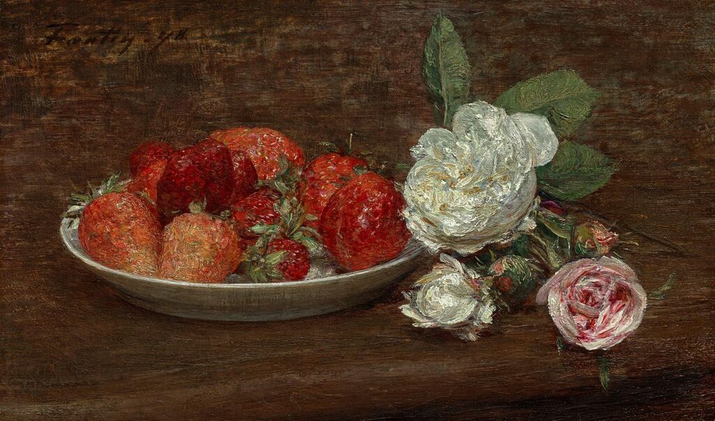 Nature morte, grosses fraises et roses