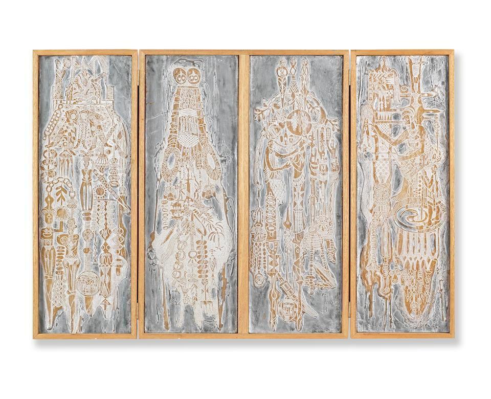 Four-fold screen with four Plastocast reliefs