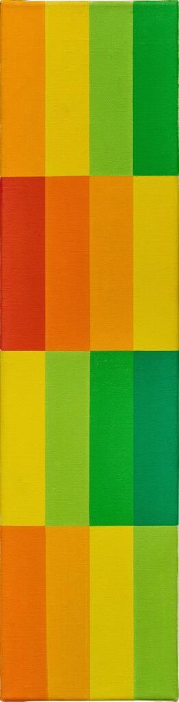 Vier vertikale systematische Farbreihen von gelb zu grün und rot (Four vertical systematic colour sequences from yellow to green and red)