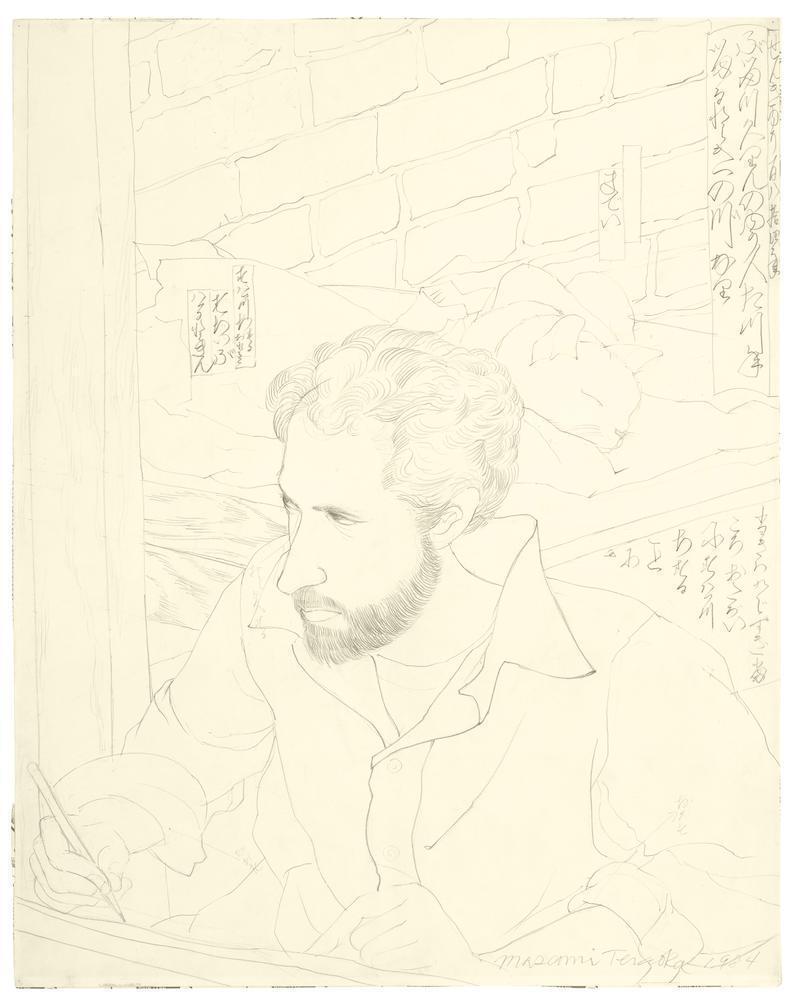 A male figure writing and a sleeping cat on his behind