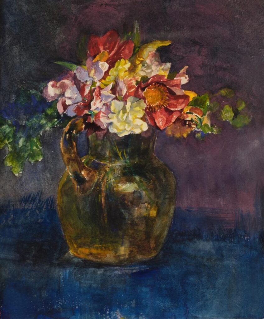 Study of Autumn Flowers, in Yellow Crackle Glass Pitcher, on Table Covered with Blue Leather