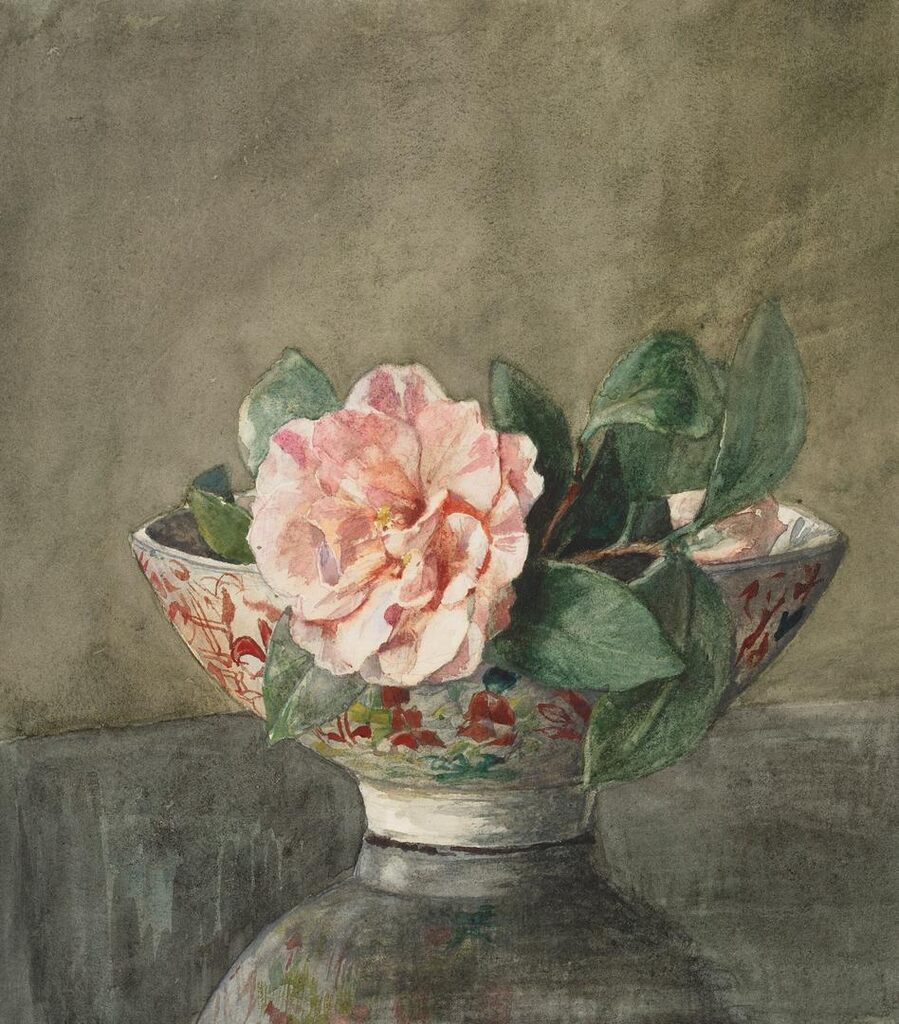 Camellia in Old Chinese Vase on Black Lacquer Table
