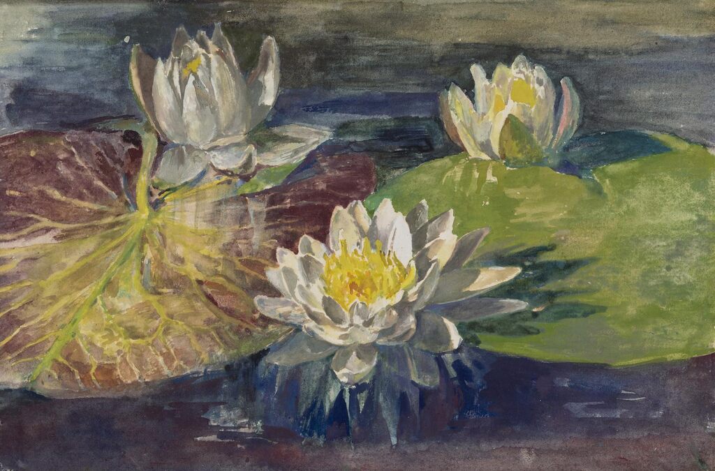 Water-Lilies. Red and Green Pads. Study from Nature