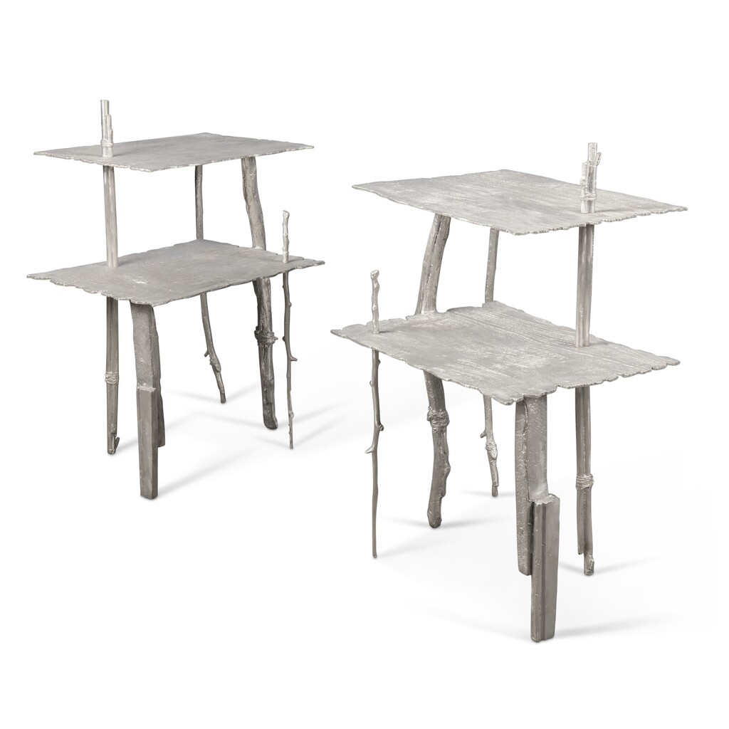 PAIR OF 'BOY SCOUT' TWO-TIER MIRRORING TABLES