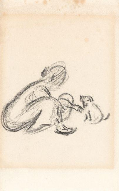 Sitting woman with little dog